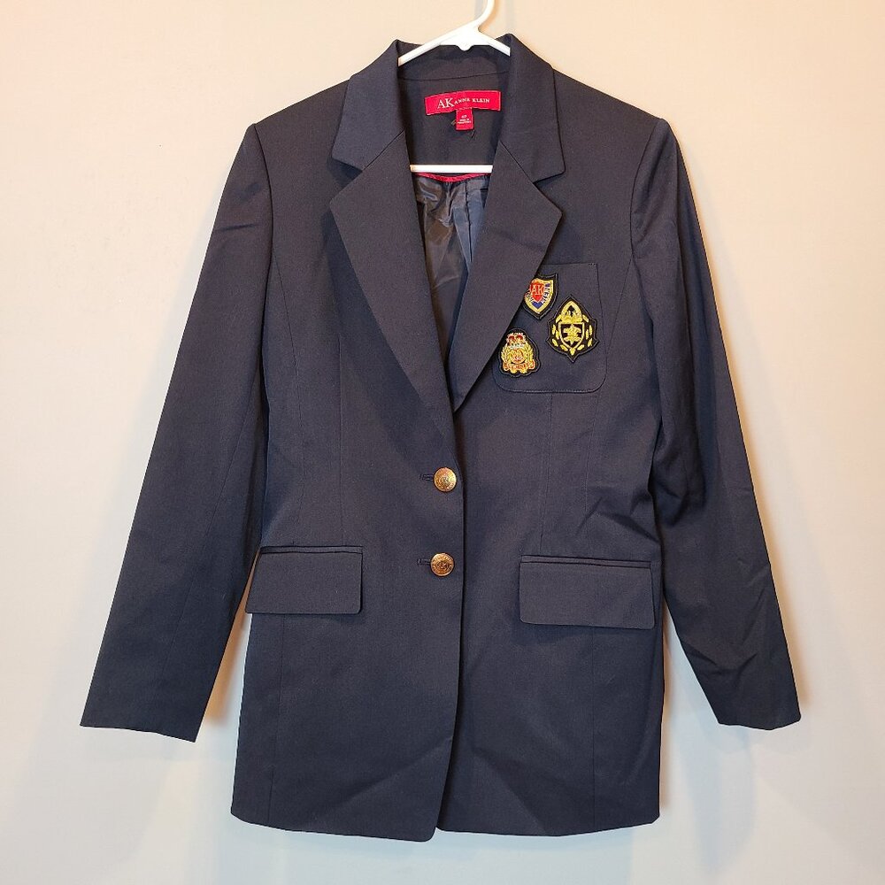 Anne Klein Blazer Jacket Womens 4 P Dark Blue Emblem Patches